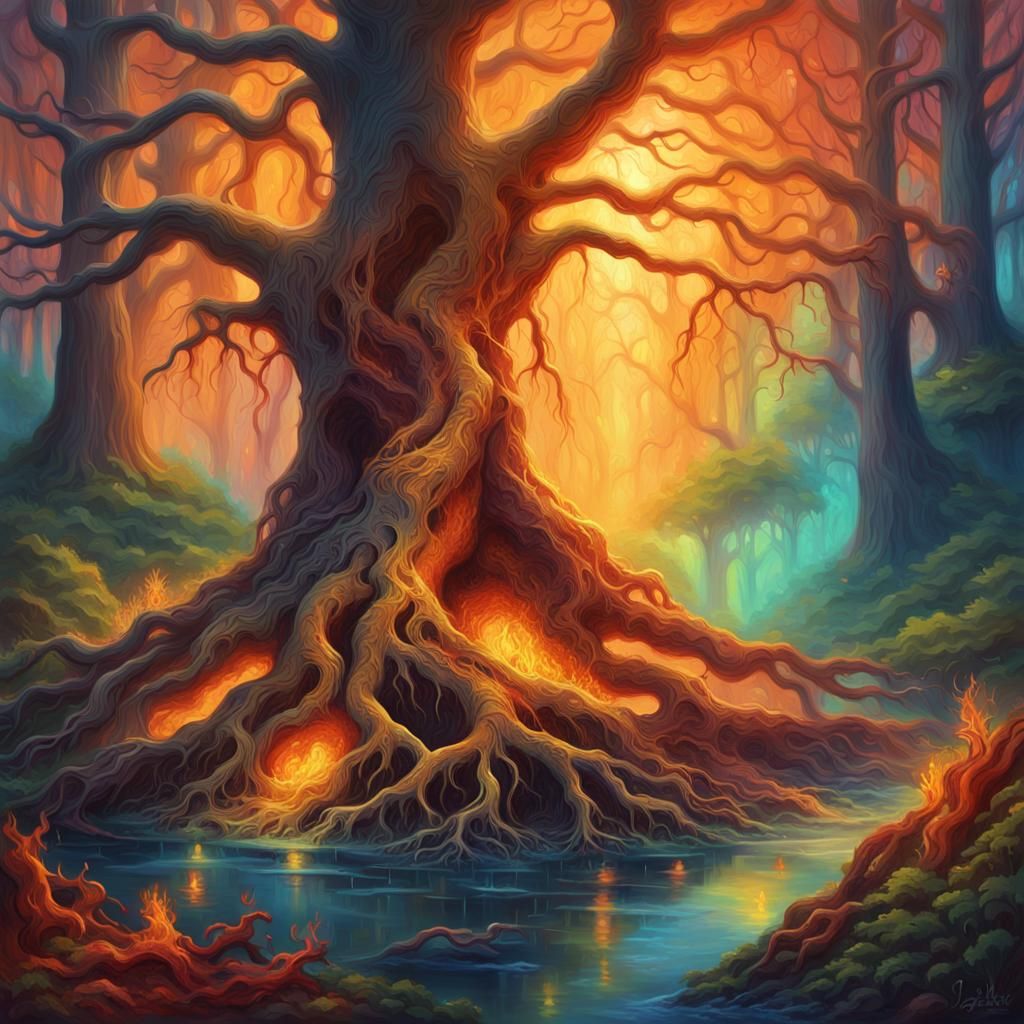 Water flows from ancient, gnarled tree roots amidst a burnin...