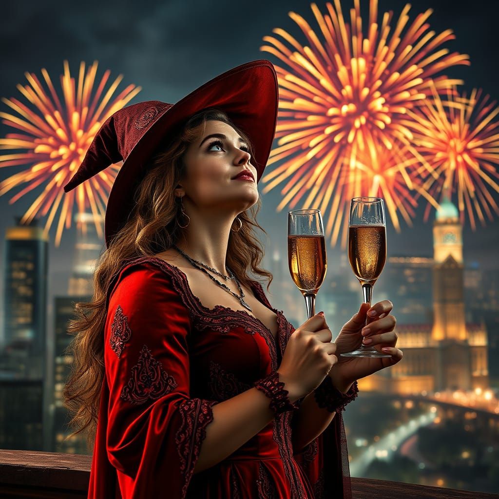 Beautiful Witch Enjoys Fireworks with Champagne