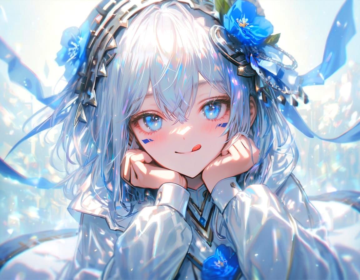 Elegant Young Woman Smiles with Blue Flower Hair Ornament