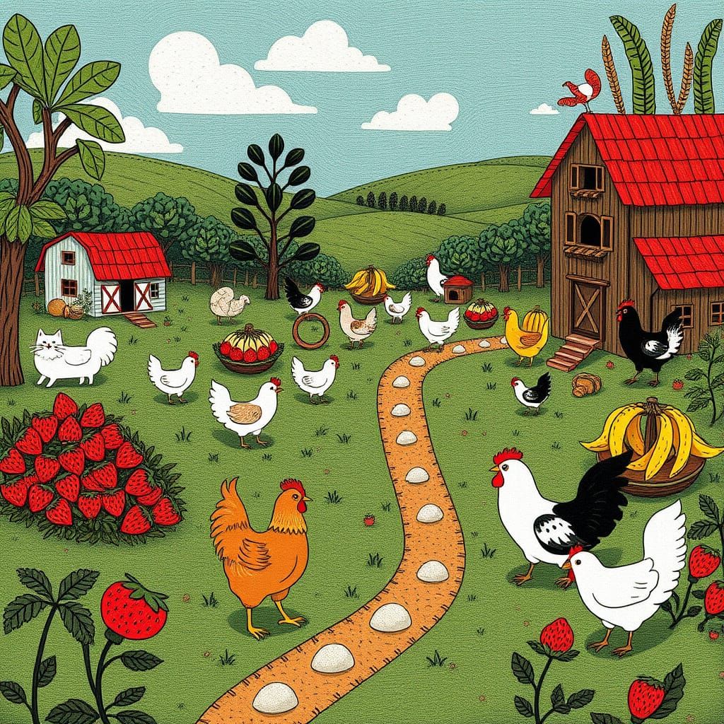 Whimsical Strawberry Farm Playground with Fossil Cats and Ch...