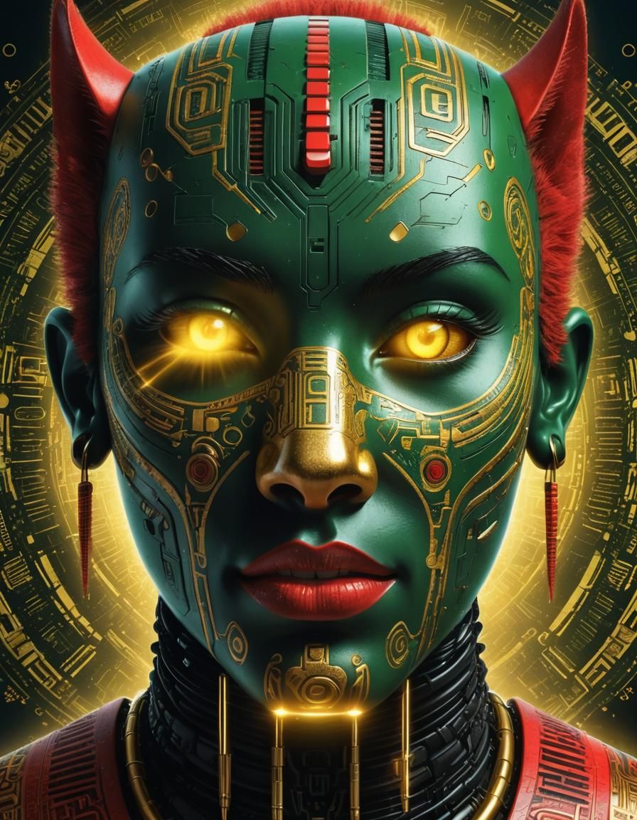 Maori Tattooed Bastet Goddess with Circuitry