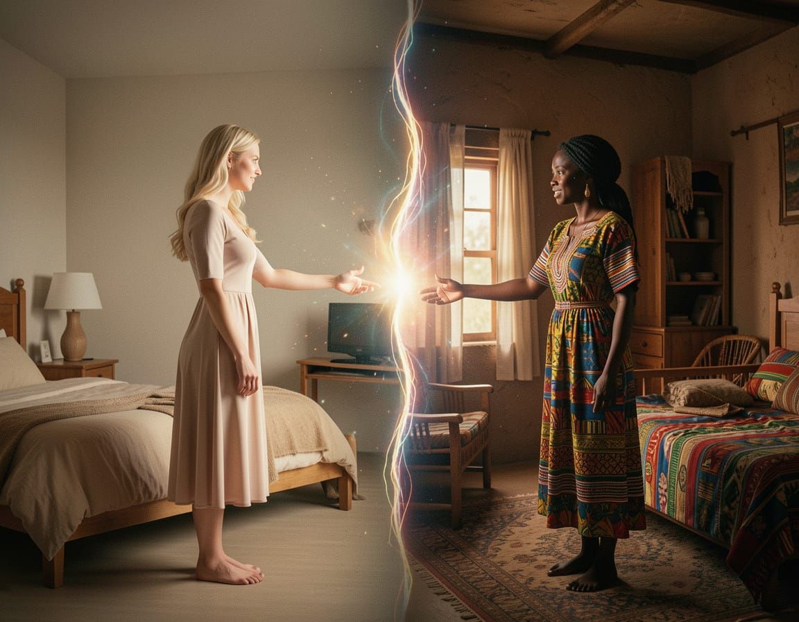 Split Scene: Modern West Meets African Village