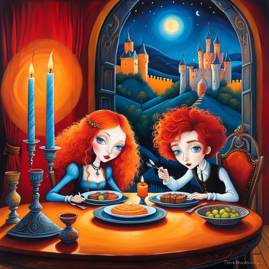 Medieval Candlelit Dinner in Mixed Media Style
