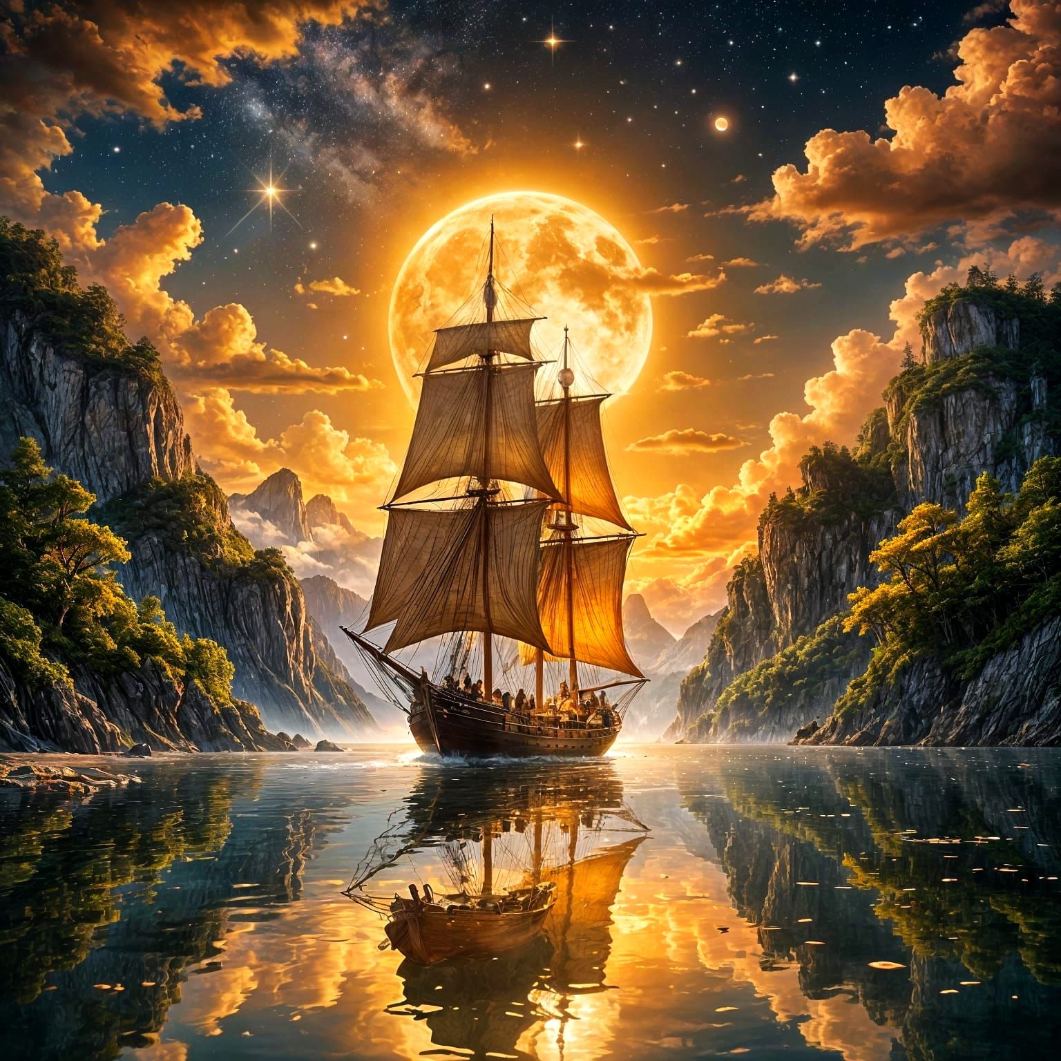 Golden Sailboat Under a Radiant Moonlit Sky