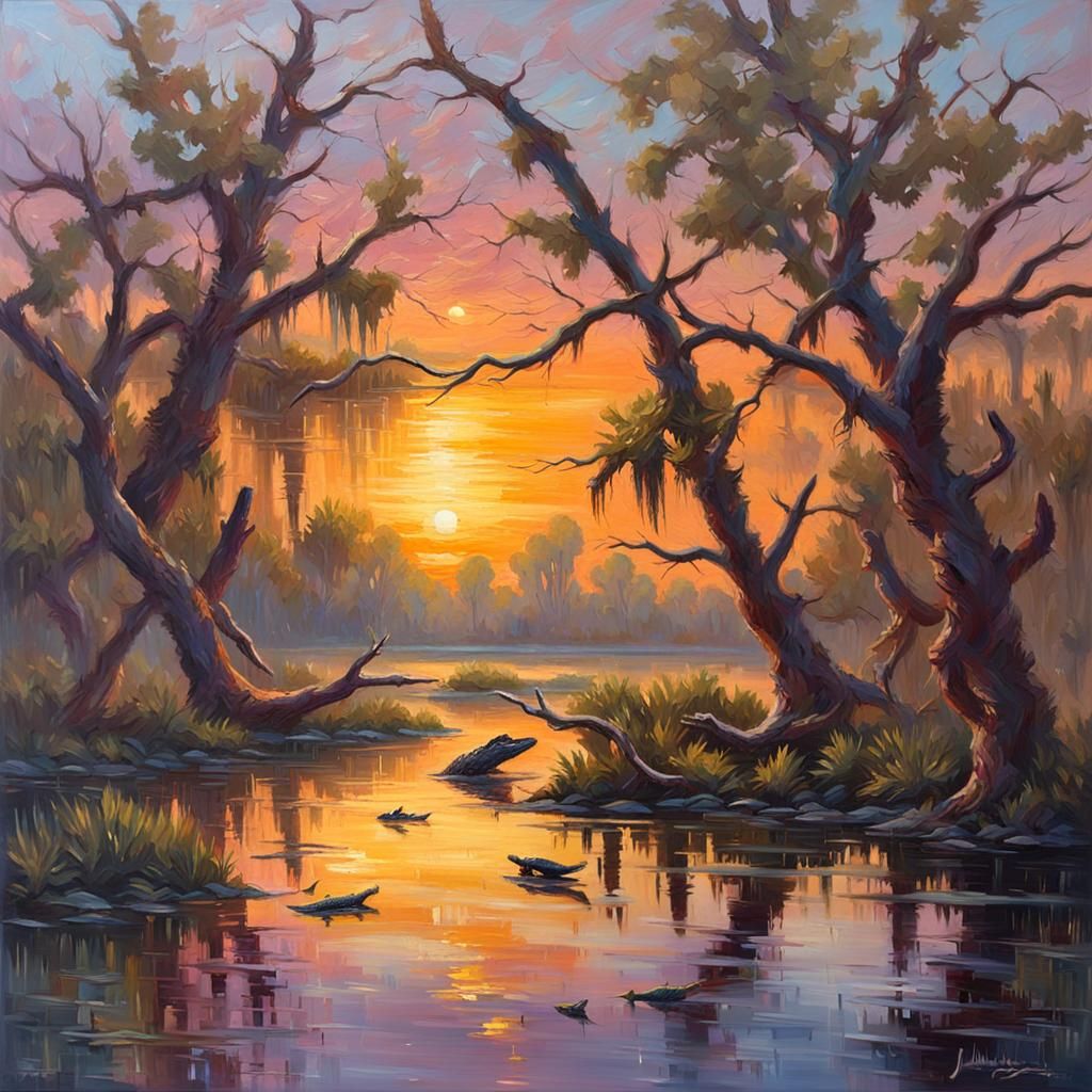 Bayou Sunset Impressionist Oil Painting