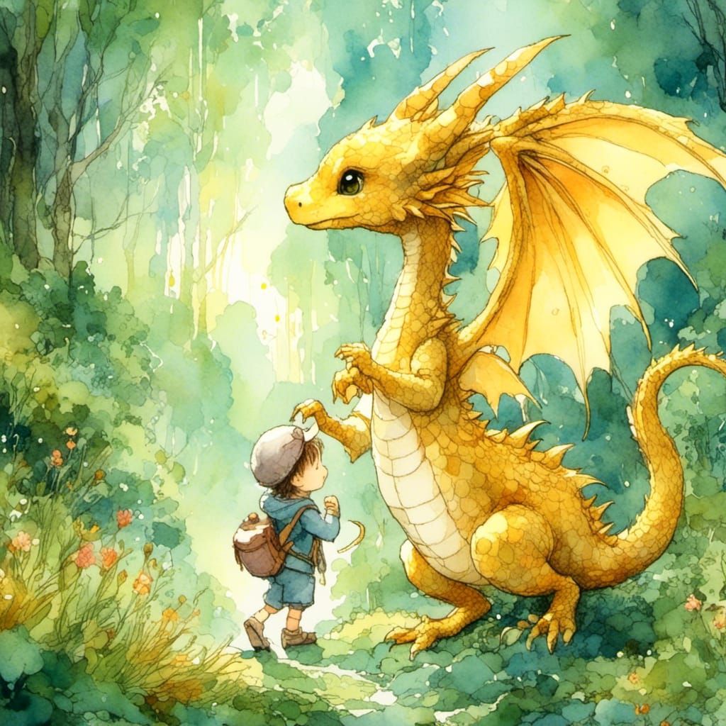 Golden Dragon and Mouse in Anime Watercolor Style