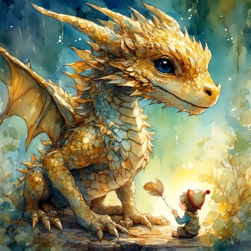 Golden Dragon and Mouse in Anime Watercolor Style