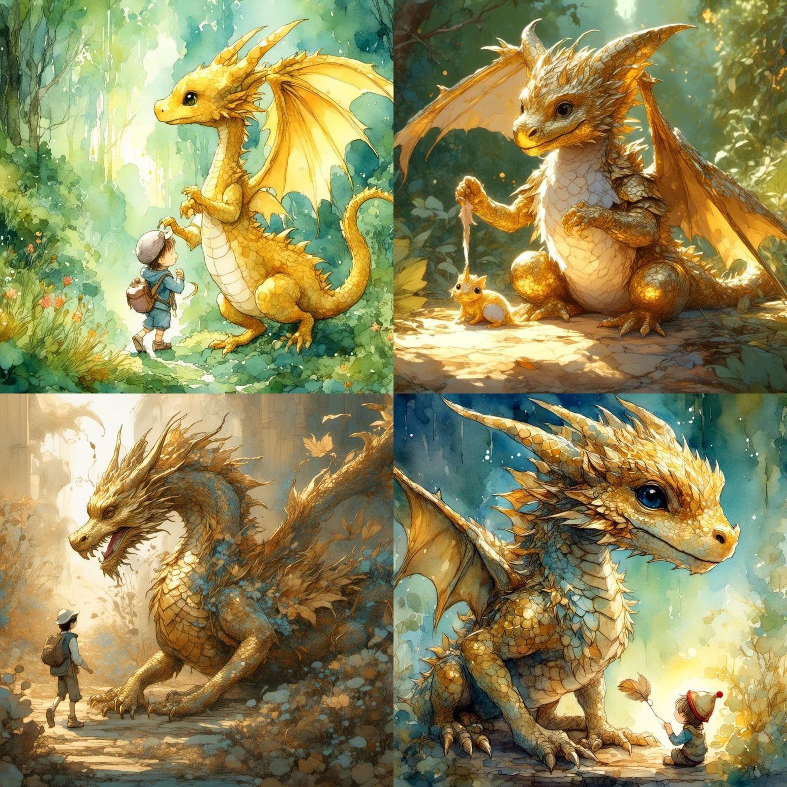 Sweet Golden Baby Dragon and Mouse, Anime Style