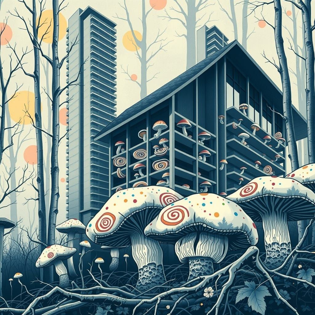 Sleek Woodland High-Rise in Whimsical Woodblock Style