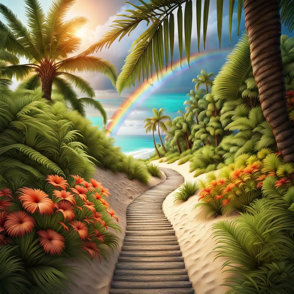 Tropical Beach Path with Rainbow: Dreamy 8k Photo