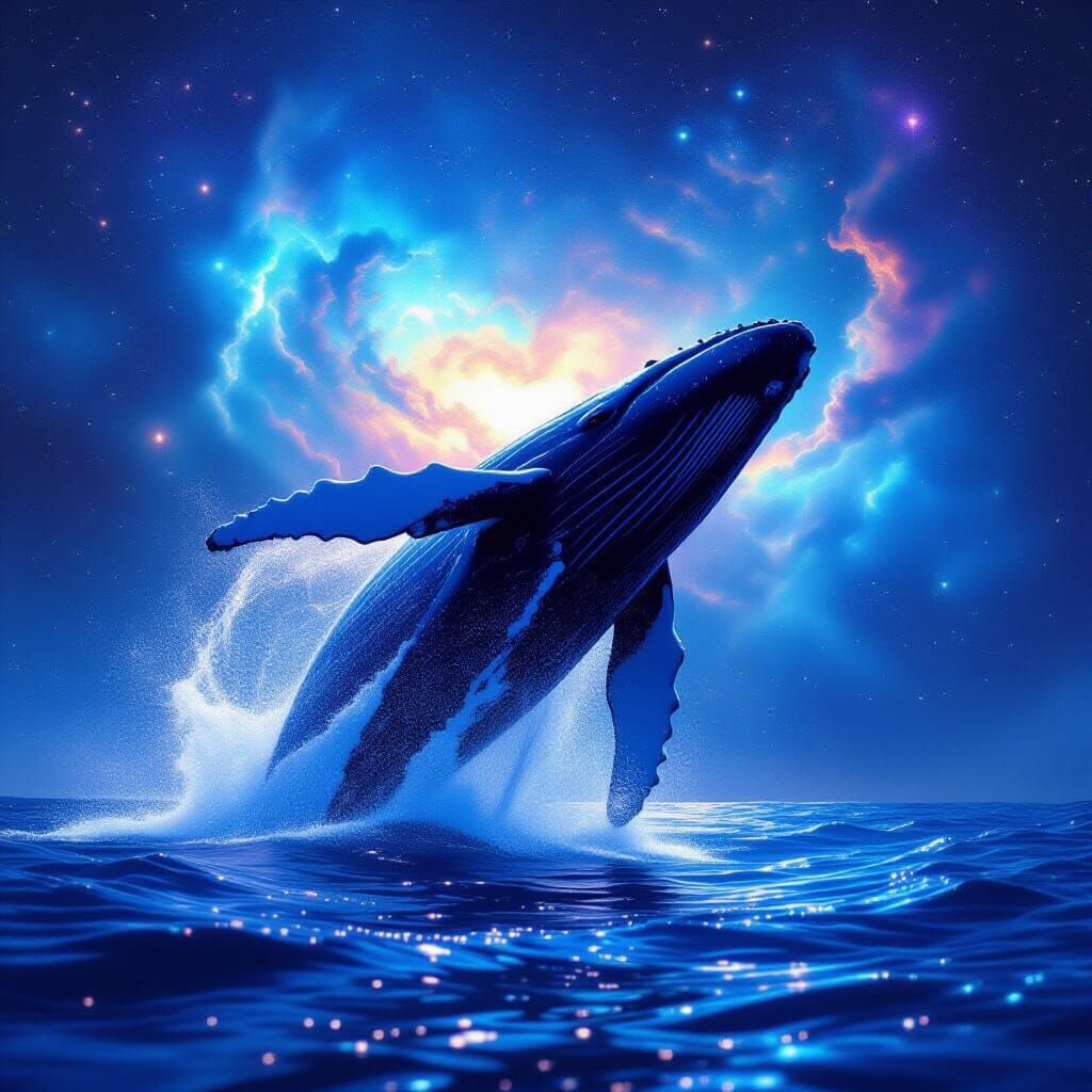 Humpback Whale Breaching in Starry Nebula Ocean