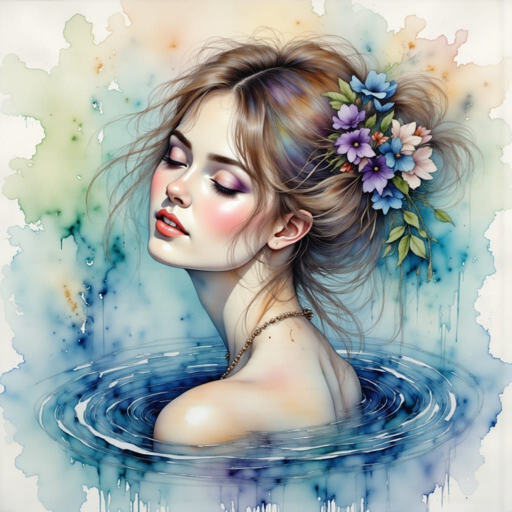 Ethereal Watercolor Woman in Contemplation