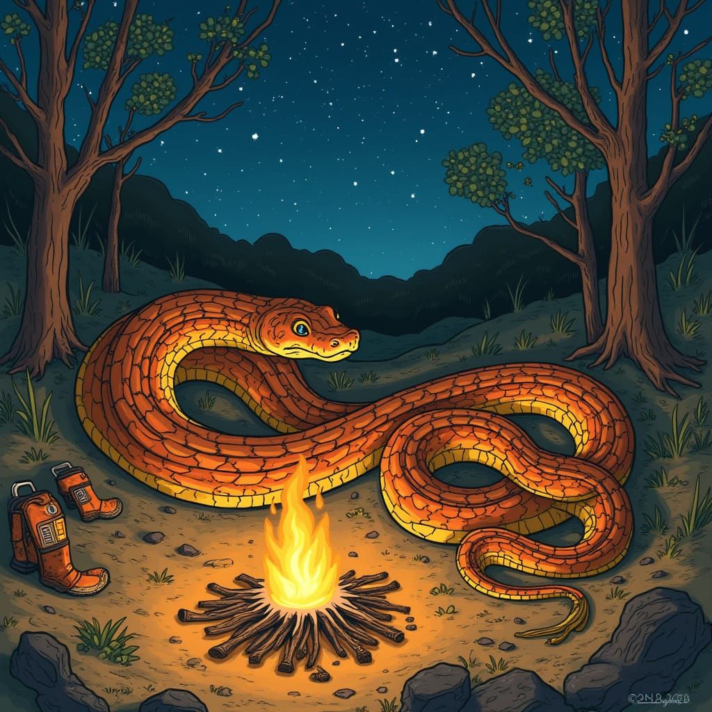 Vibrant Mulga Snake in Whimsical Camping Scene