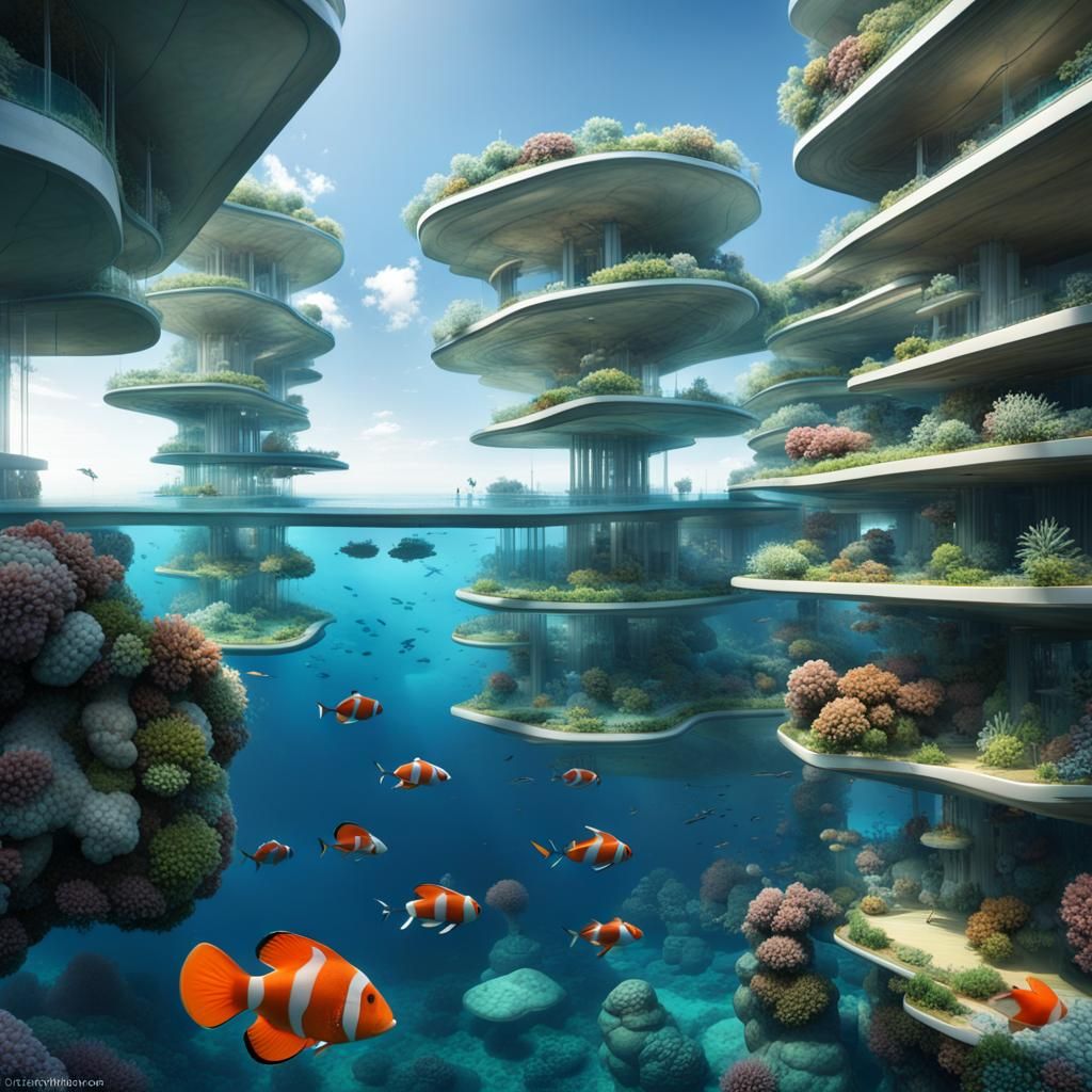 Futuristic Underwater City with Coral Reefs and Marine Life