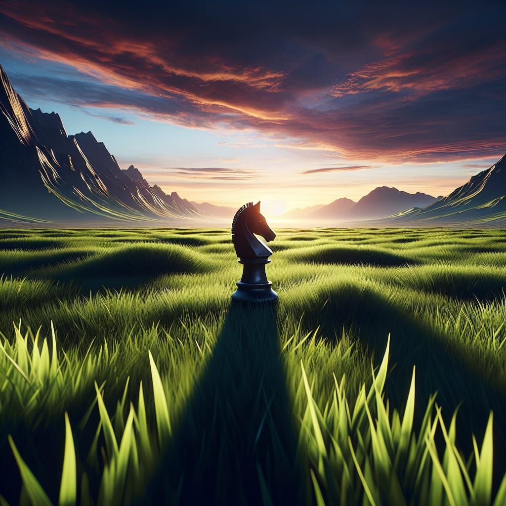 Chess Knight Silhouette in a Sunset Landscape