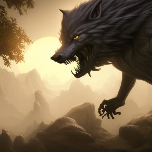 Werewolf Transformation in Detailed Matte Painting Style