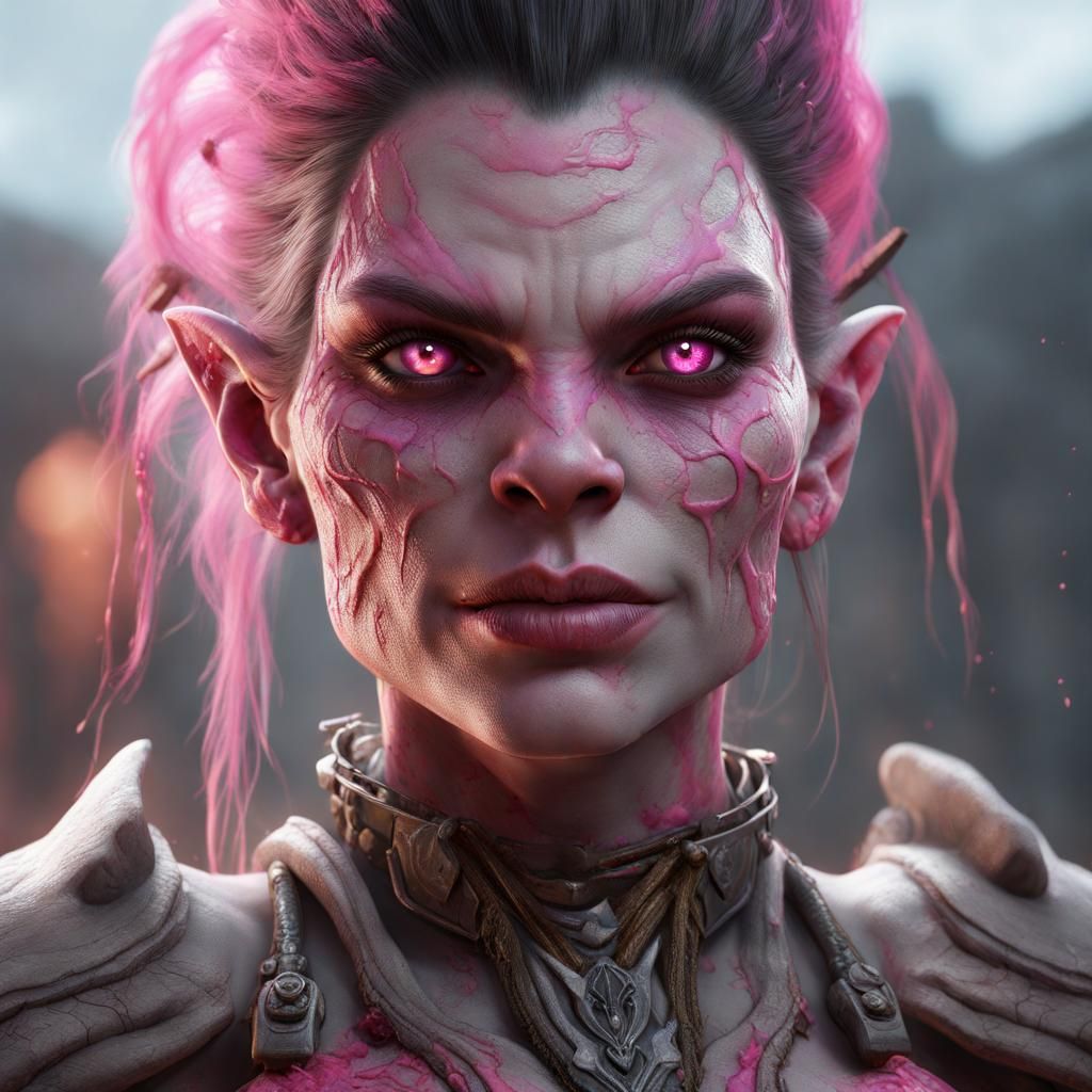 Fantasy Portrait: White-Skinned Pink-Eyed Half-Orc