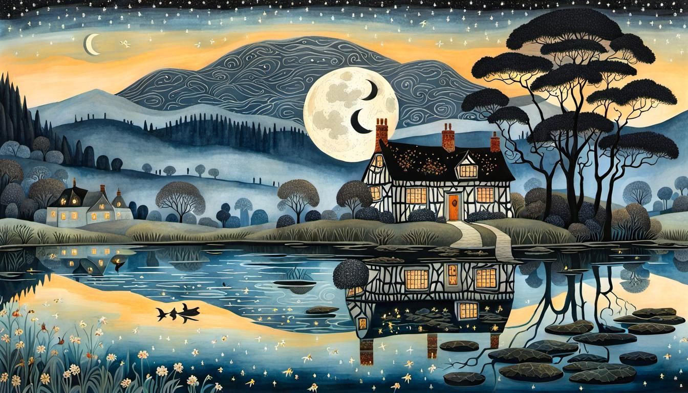 Sinister Cottage in Moonlight with Enchanted Garden
