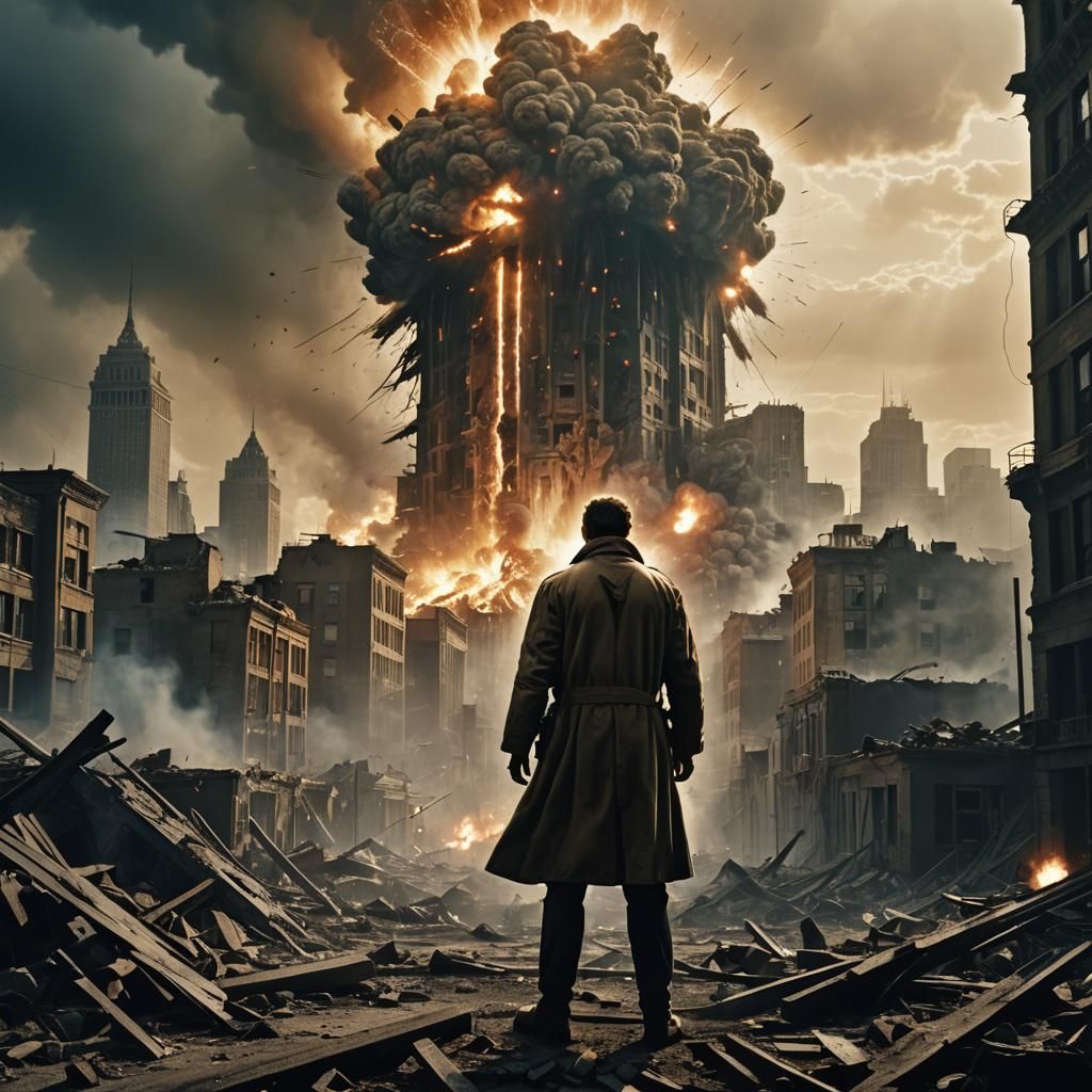 Heroic Figure Amidst War-Torn Cityscape