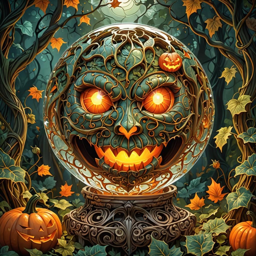 Glowing Jack-o-Lantern in Crystal Ball, Art Nouveau