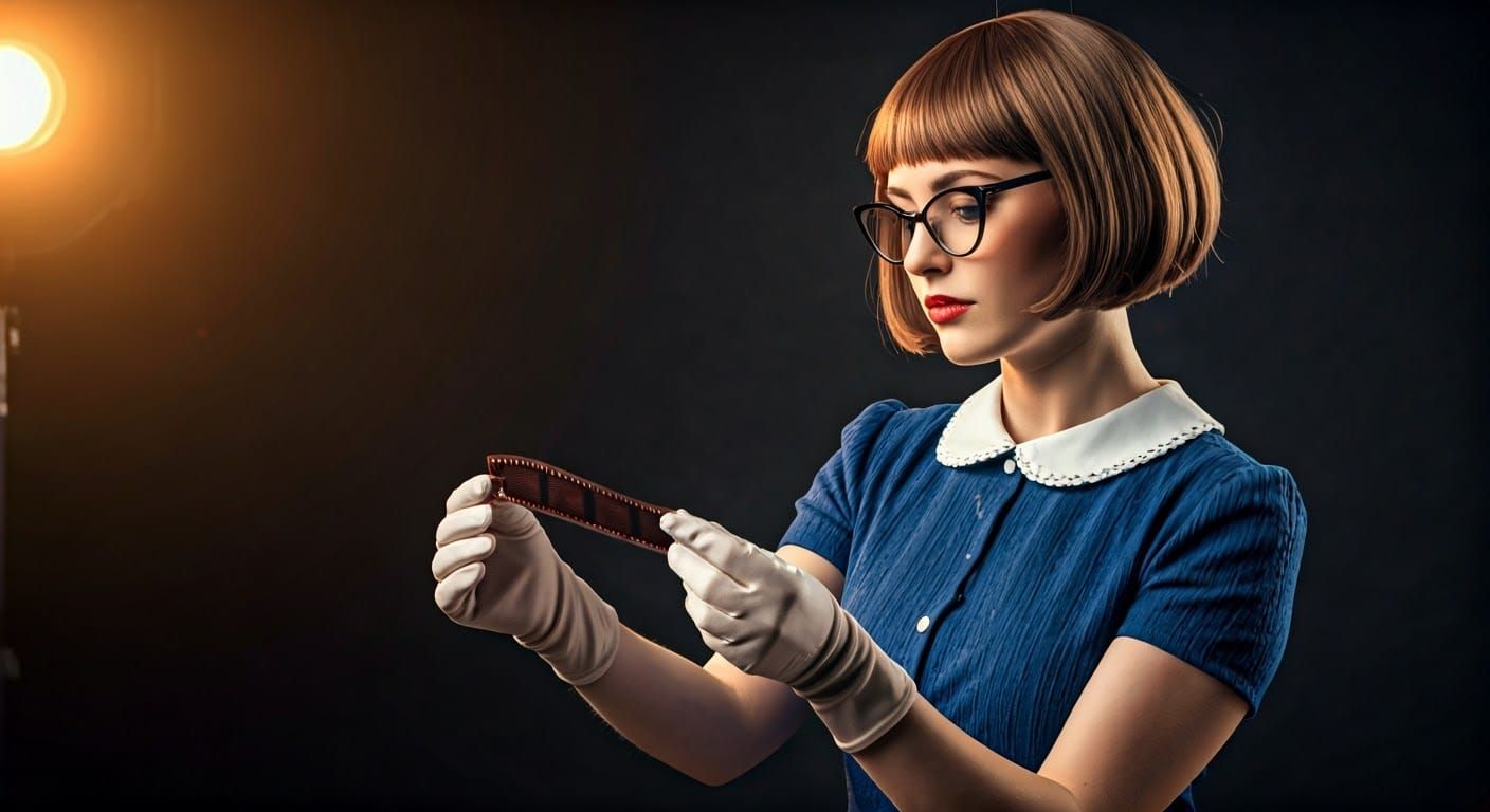 Woman Inspecting Film Strip in Retro Style