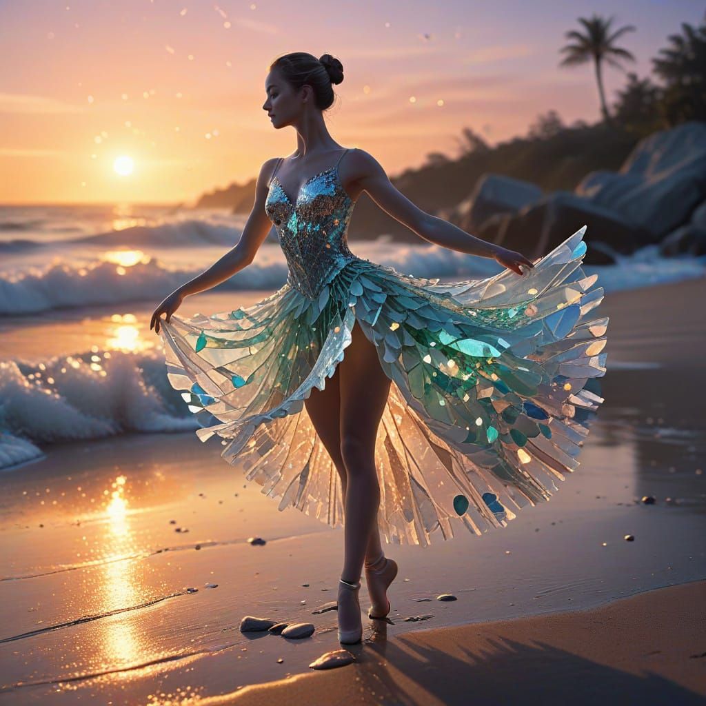 Ballerina Dancer Made of Sea Glass at Sunset