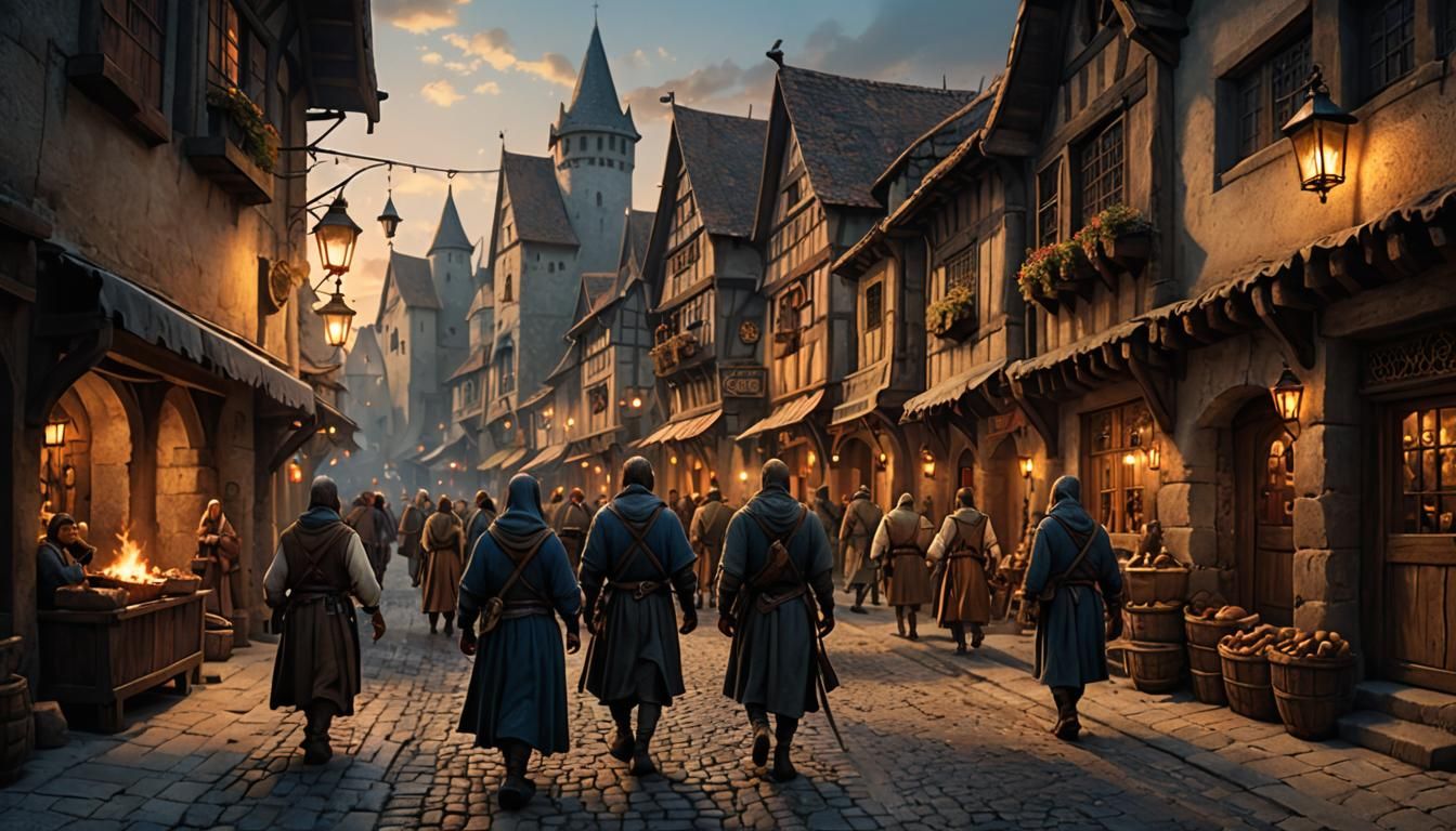 Bustling Medieval Street Scene in Cinematic Style