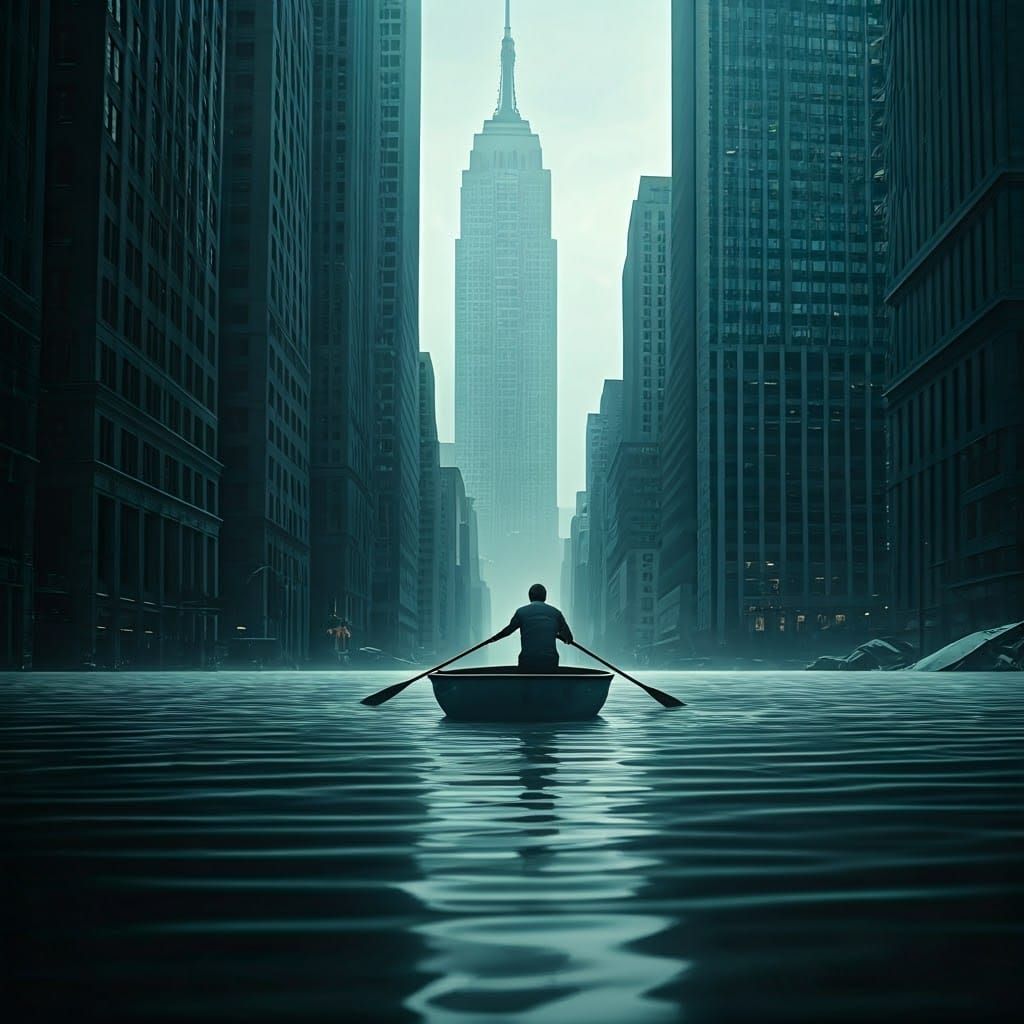 Dystopian Cityscape with Rowing Figure in Flooded Metropolis