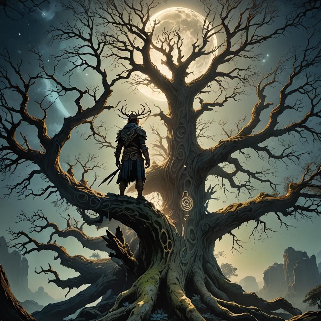 Mystical Warrior on Ancient Tree in Fantasy Art