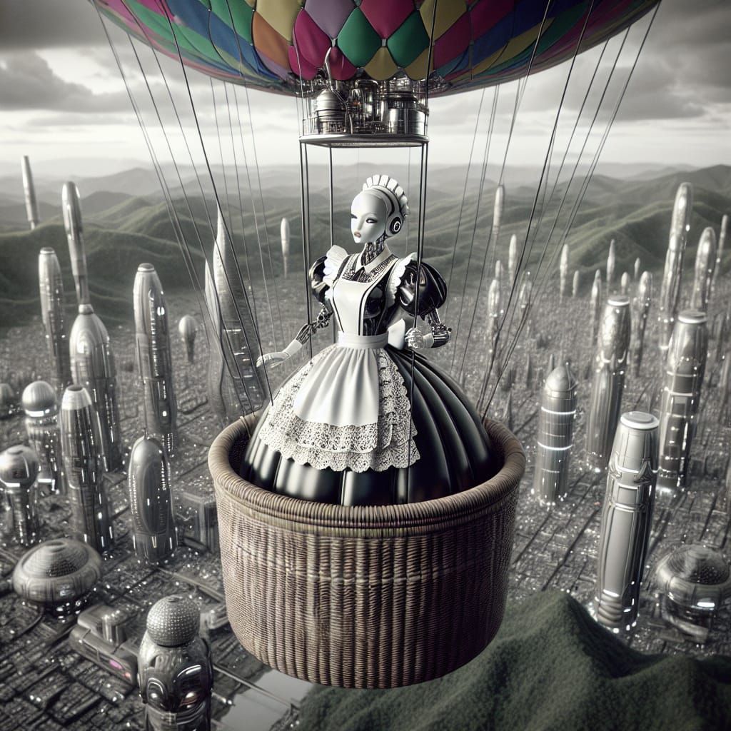 Android Maid's Aerial Journey in Futuristic City