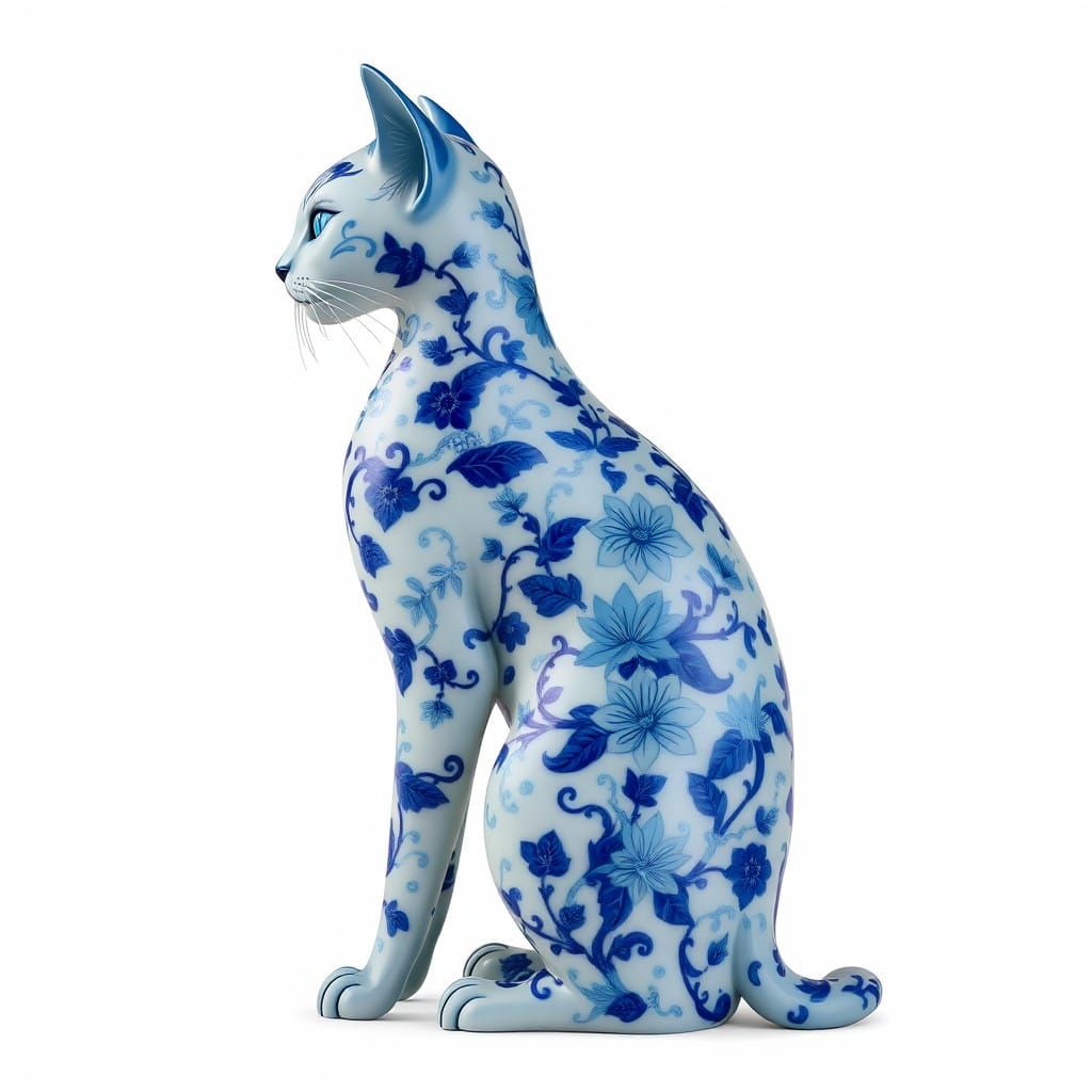 Elegant Blue Porcelain Cat in Profile