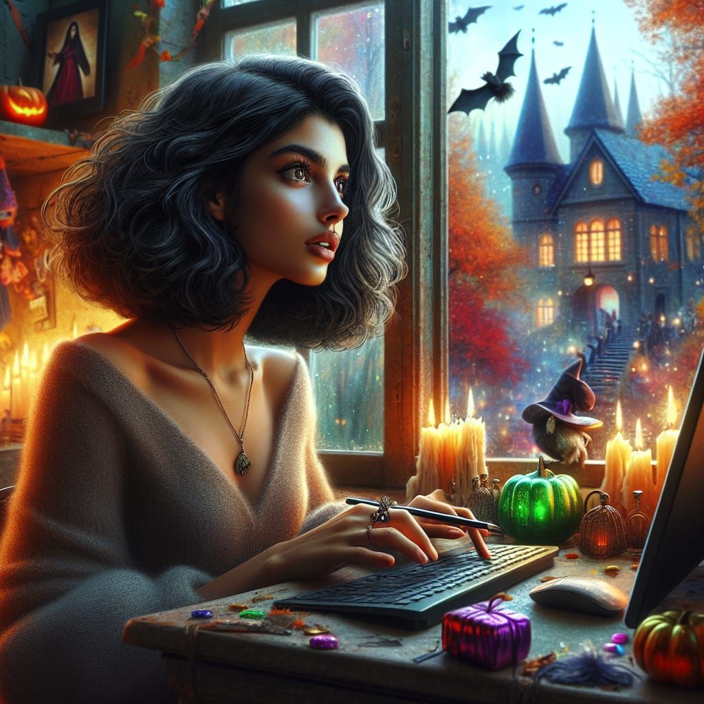 Middle-Eastern Woman Imagines Fantasy Worlds: Hyperrealistic...