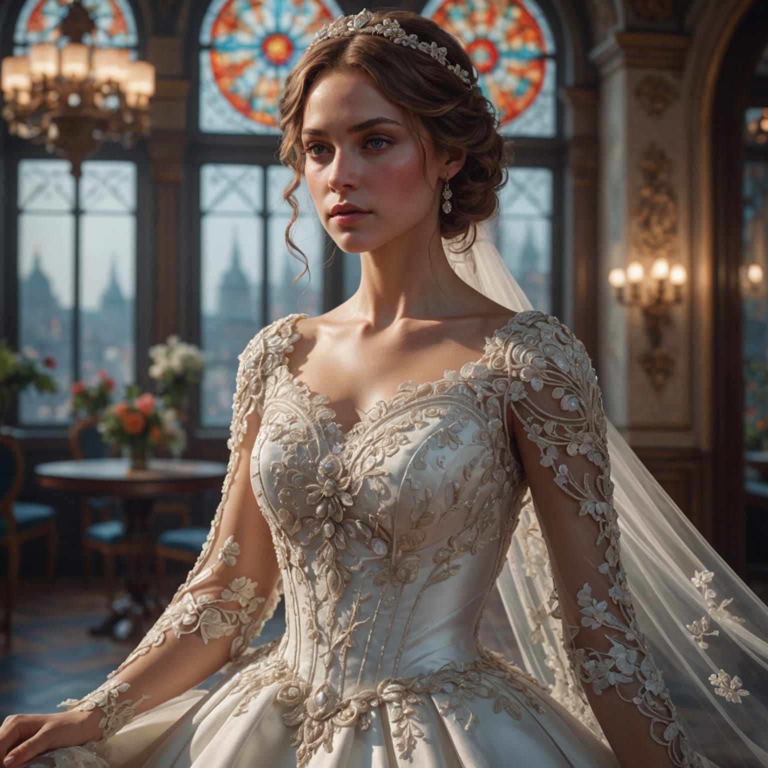 Lace Sleeve Wedding Dress in Art Nouveau Style