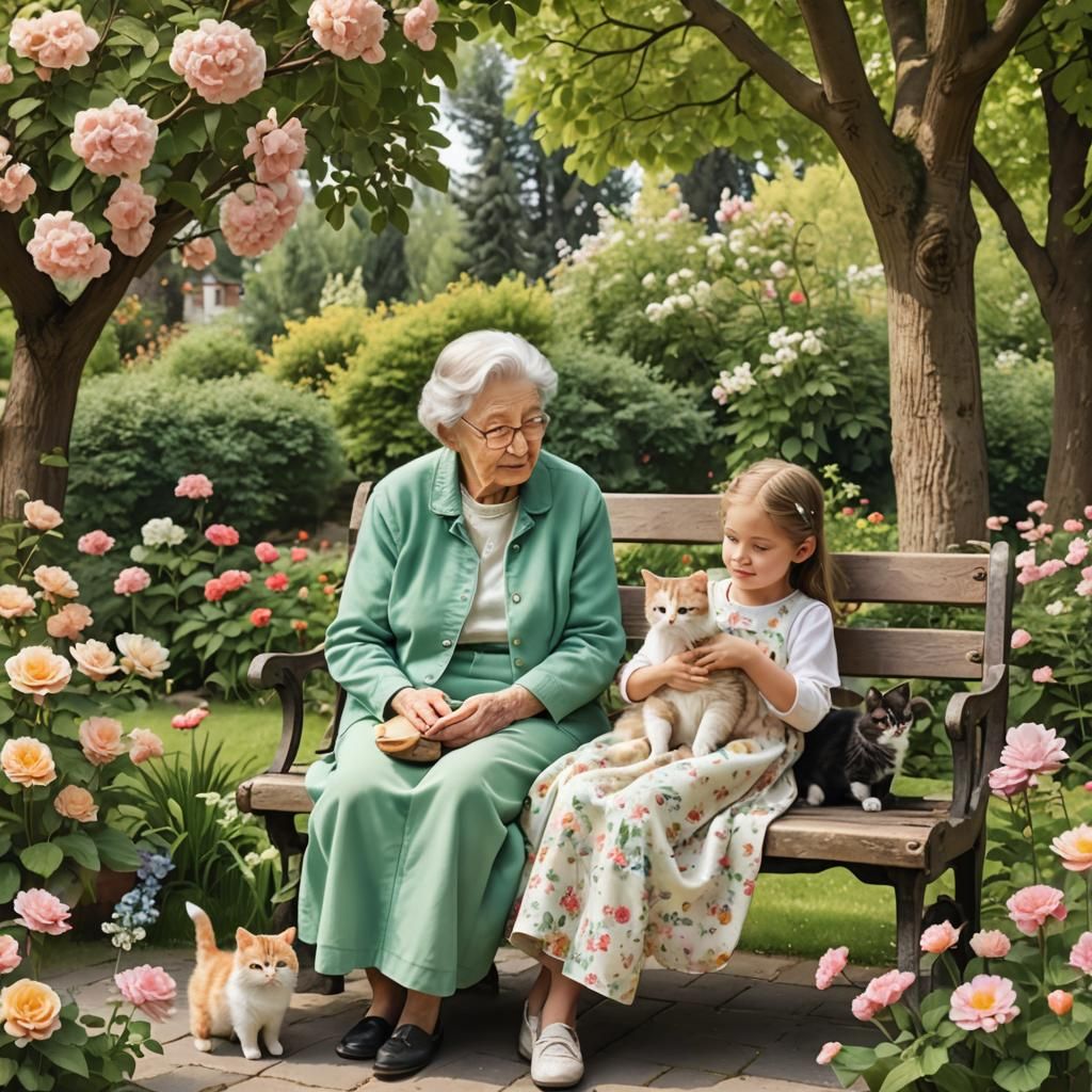 Vintage Garden Scene with Grandma, Granddaughter, and Cat