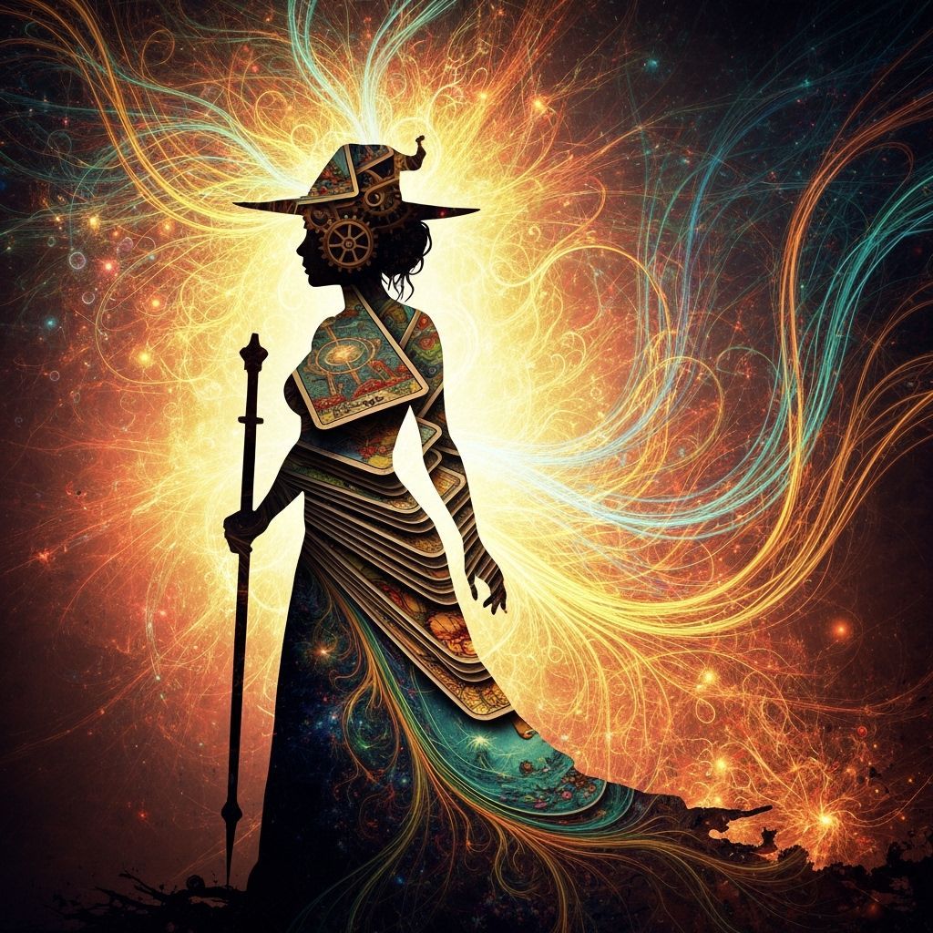 Steampunk Wizard Silhouette with Fractal Tarot Cards