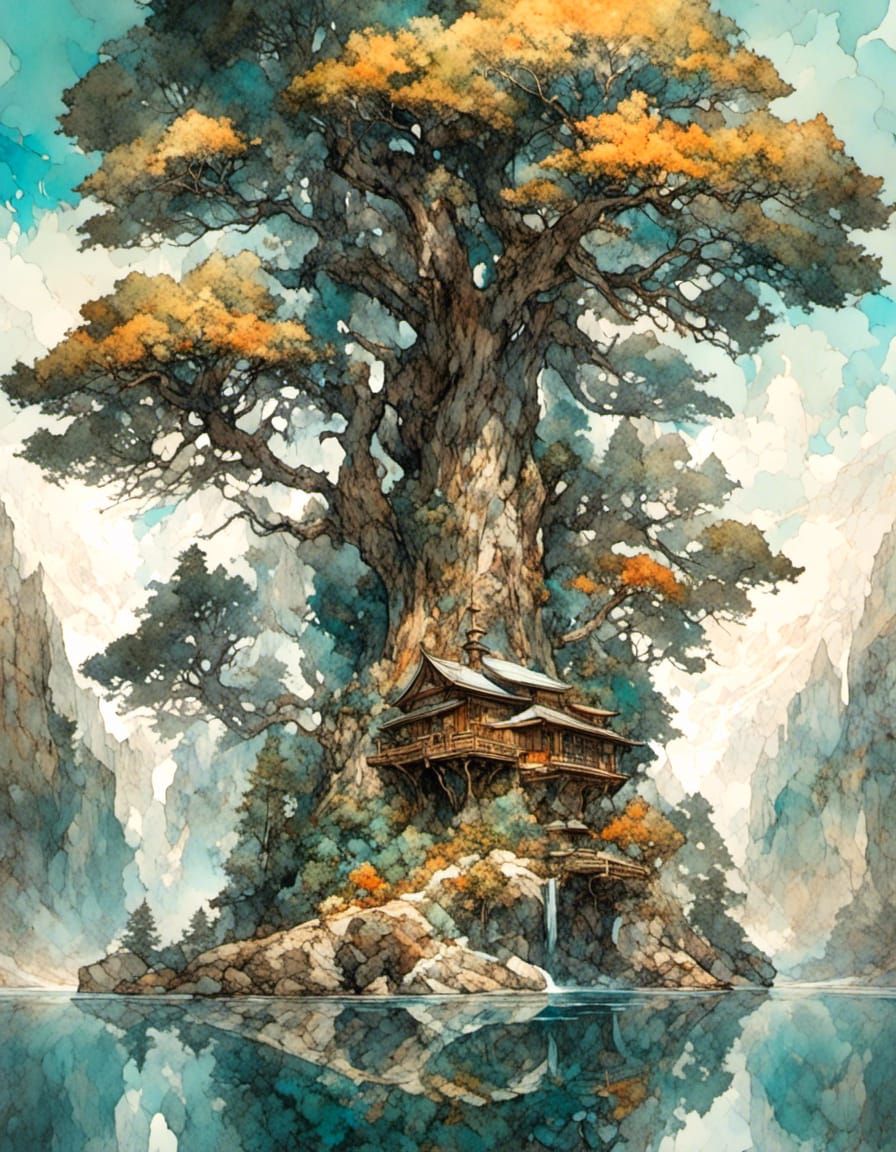 Cypress Tree Double Exposure in Gouache and Watercolor