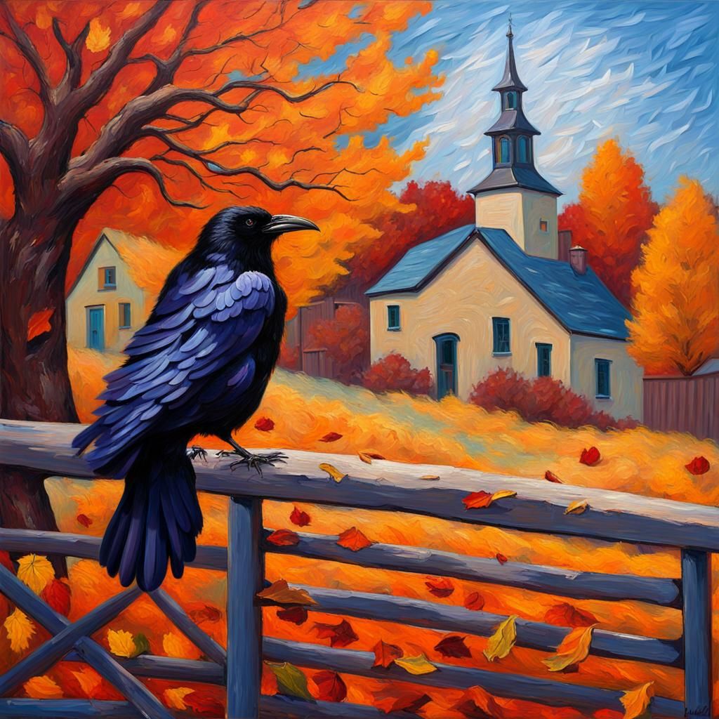 Raven in Autumn Village: Neo-Impressionist Oil Painting