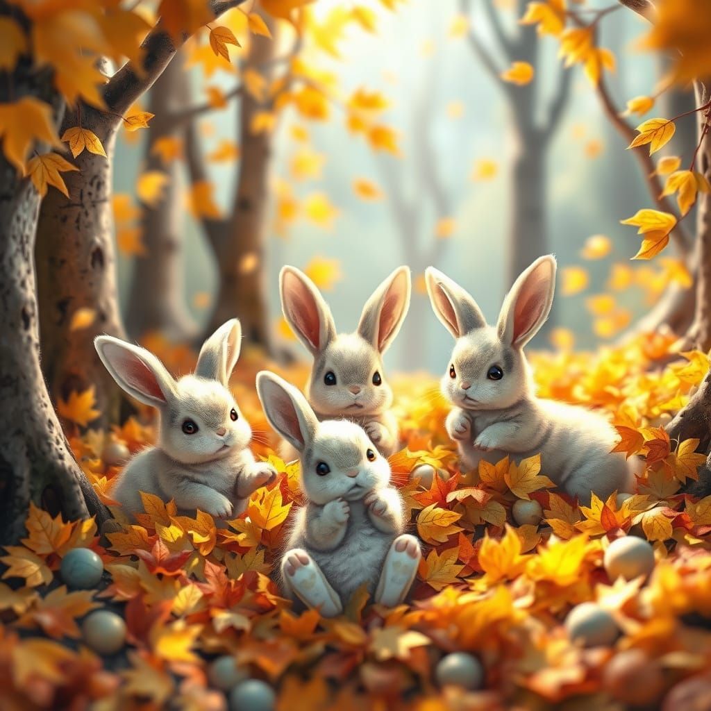 Cute Bunnies Play in Autumn Leaves Children's Book Style