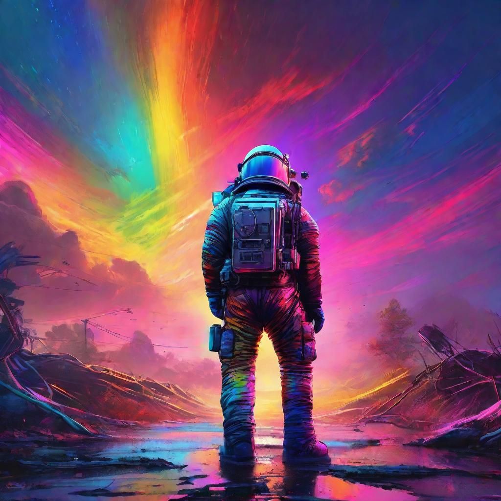 Astronaut at Rainbow Tornado in Digital Art Style
