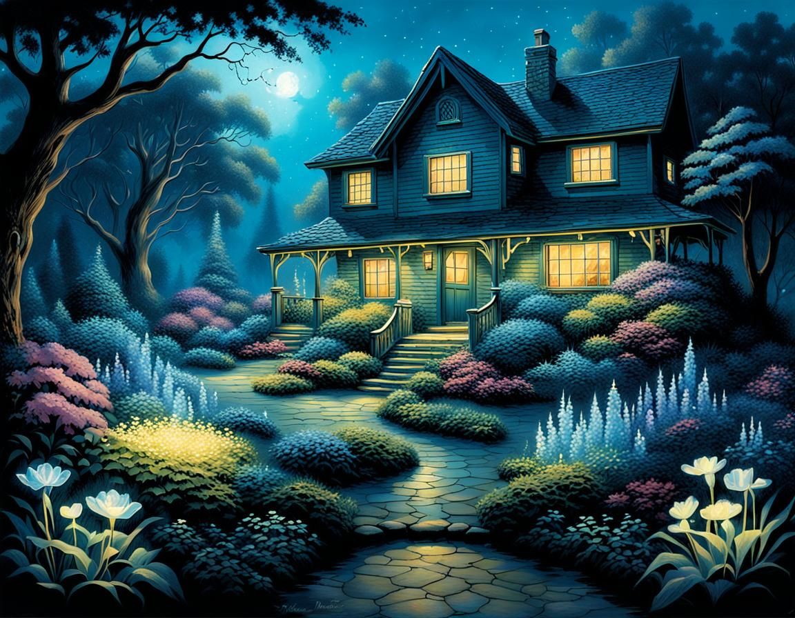 Bioluminescent Garden in Kinkade Style