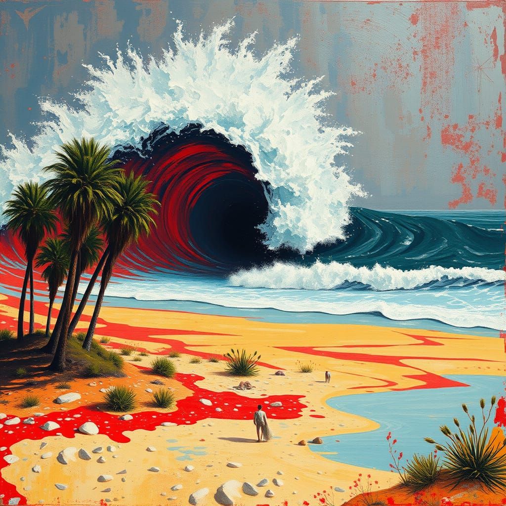 Surreal Beach Under Siege by Crimson Tsunami in Abstract Art