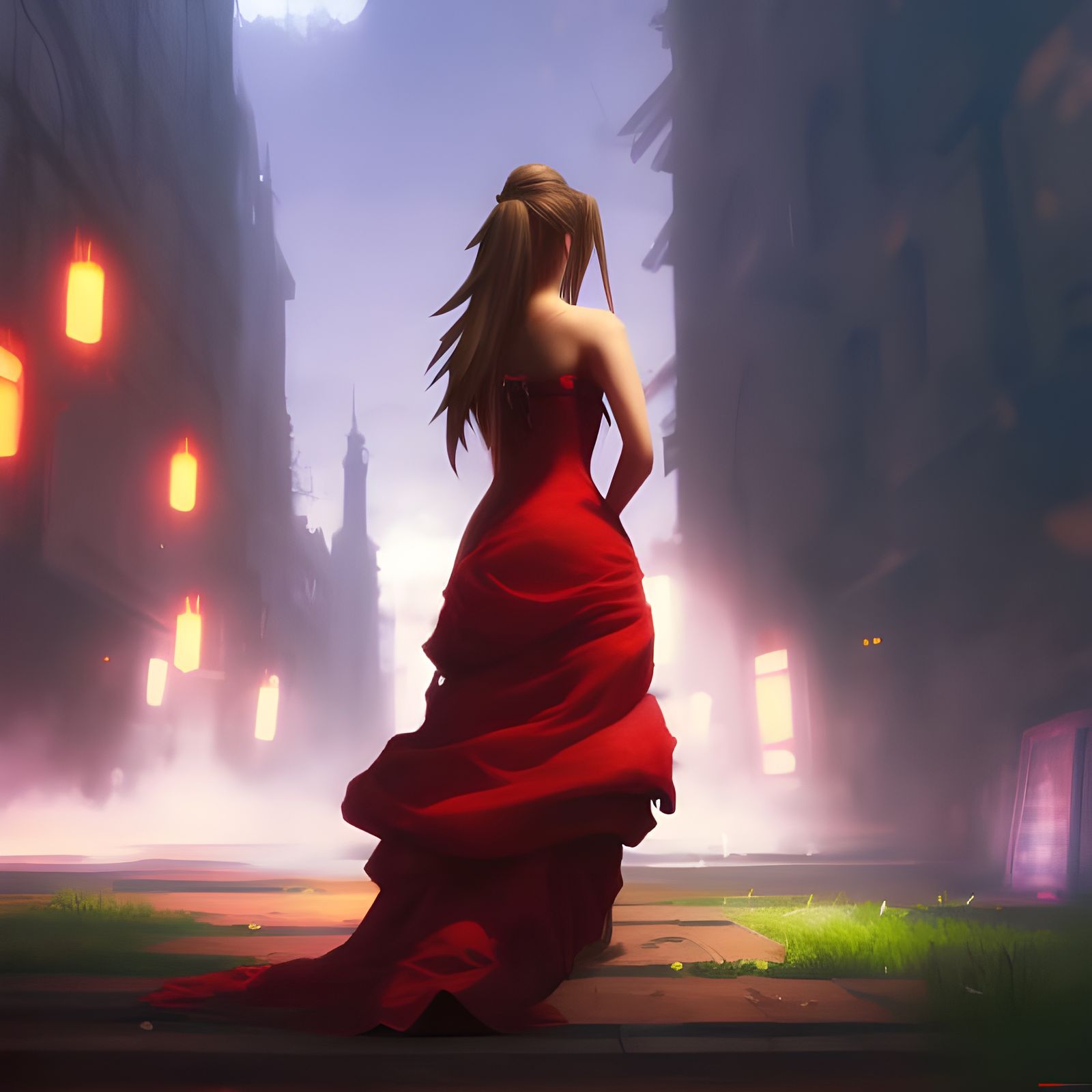 Woman in Red Dress in Night Alley