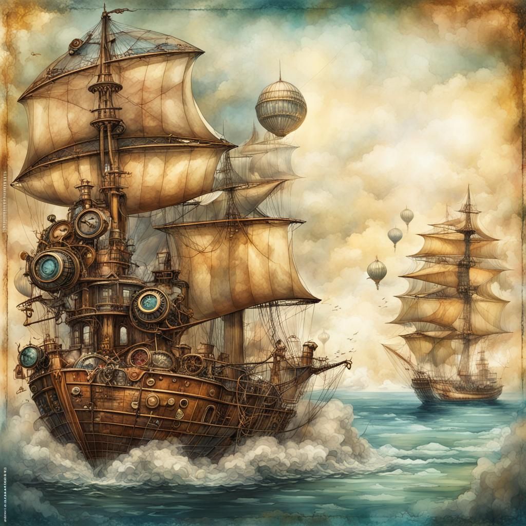 Steampunk Dirigible Over Ocean in Watercolor Style