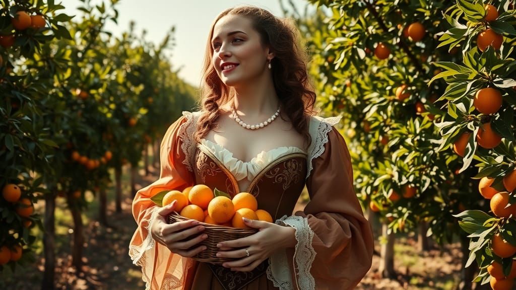 Nell Glynne with a basket of oranges