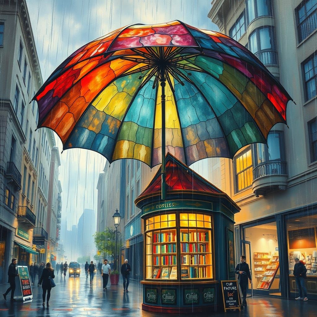 Stained Glass Umbrella Shelters Bookstore in Surreal Citysca...