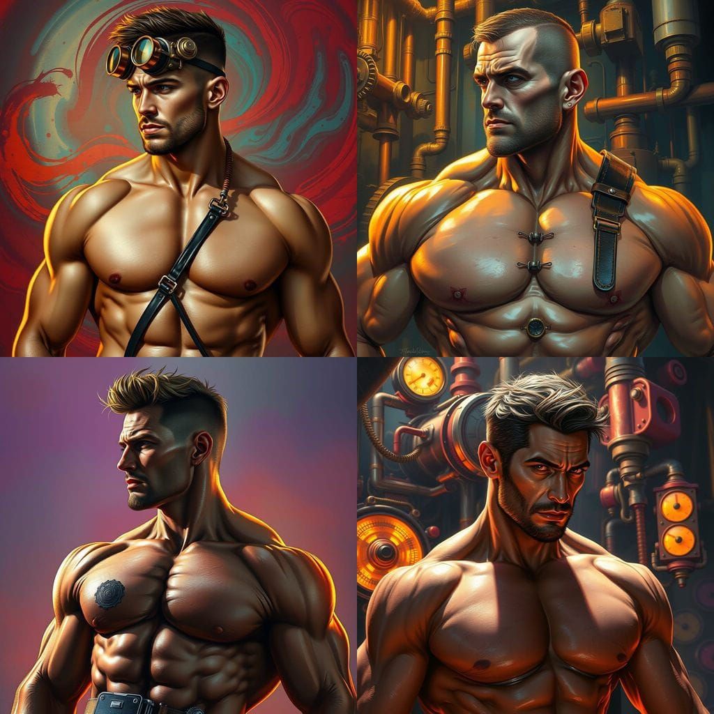 Muscular Steampunk Hero in Vivid Attire