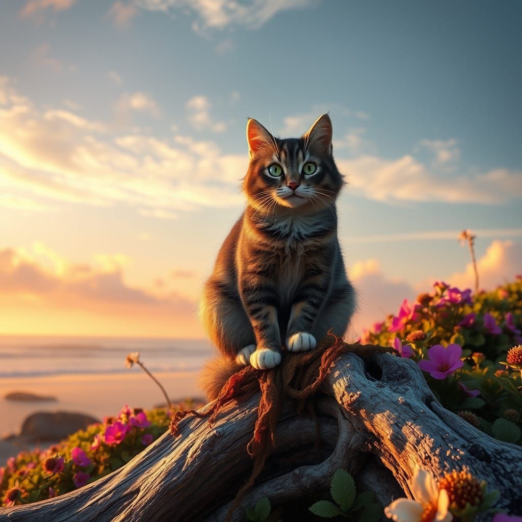 Fantasy Pacific Coast Landscape with Curious Cat