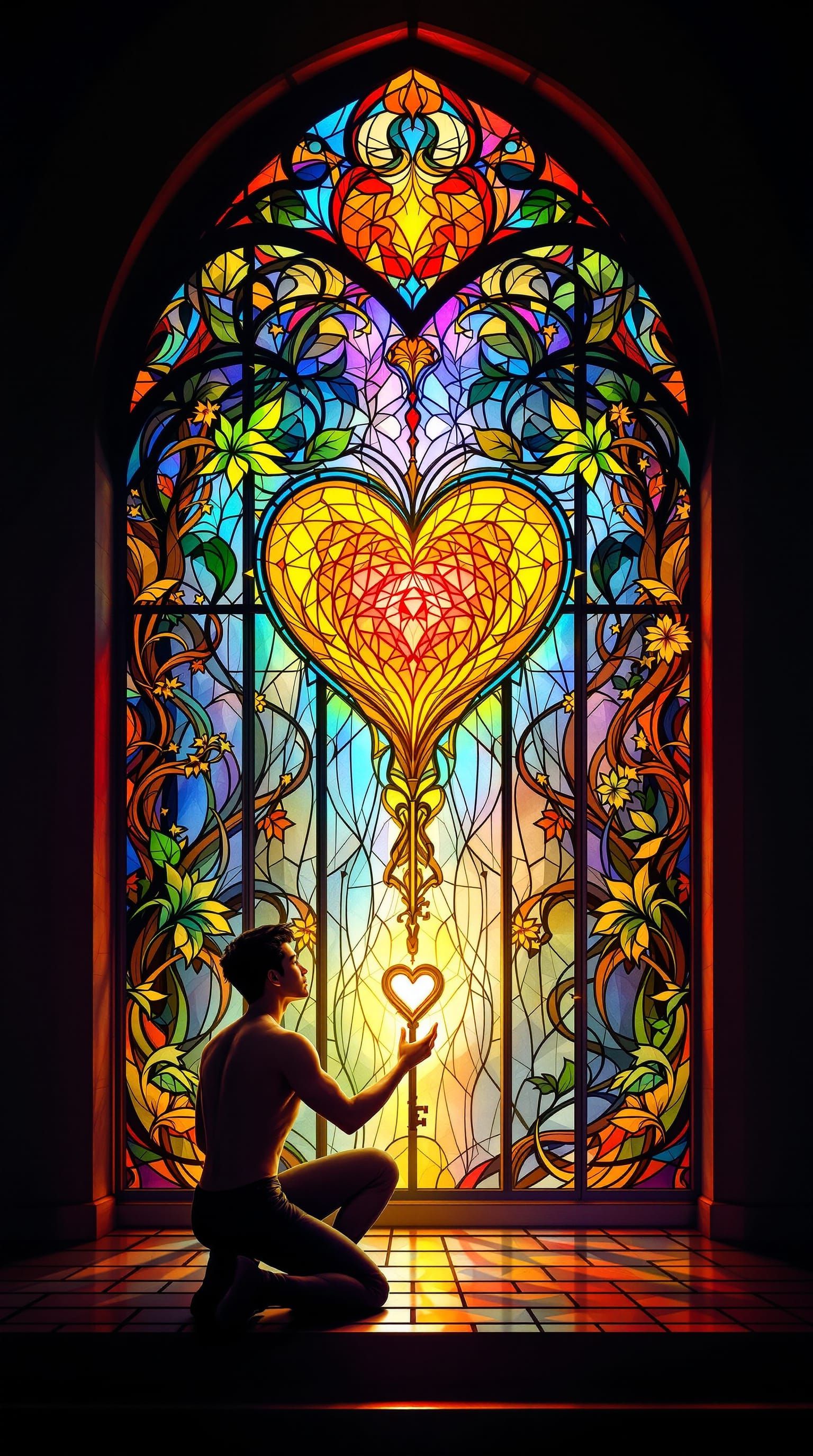Art Nouveau Stained Glass of Man Offering Key to Glowing Hea...
