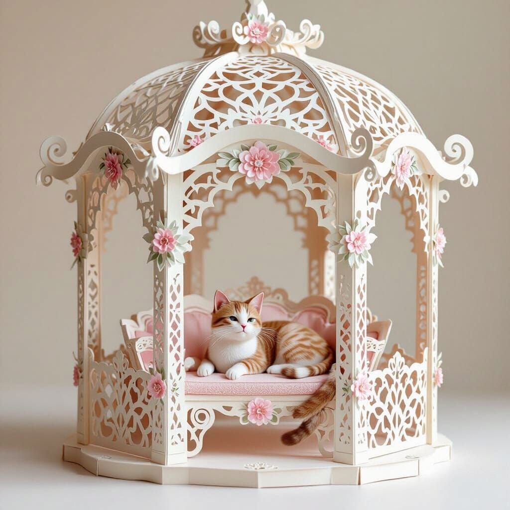 Adorable Cat Lounging in Ornate Kirigami Gazebo