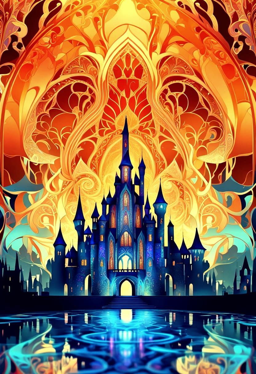 Holographic Dragon Castle in Art Deco Nouveau Style